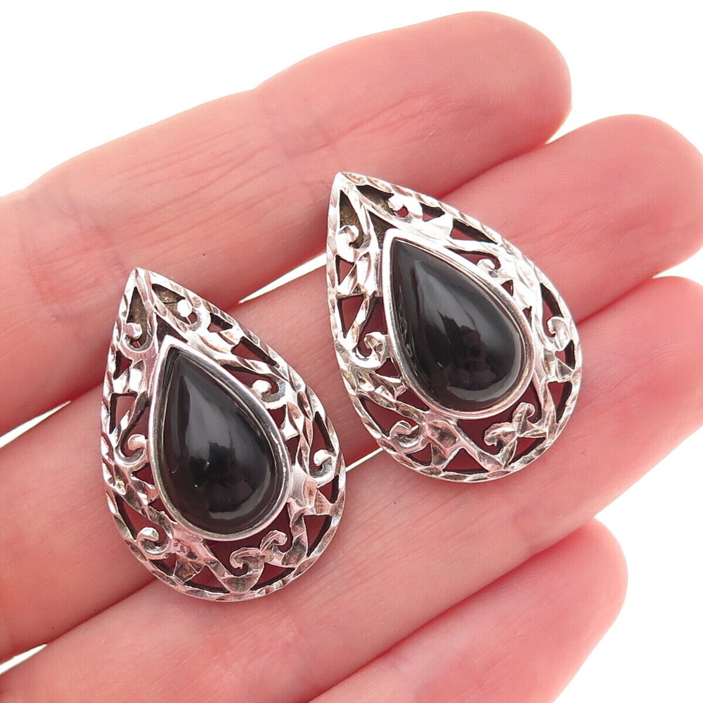 Chapal Zenray 925 Sterling Silver Vintage Real Black Onyx Teardrop Earrings